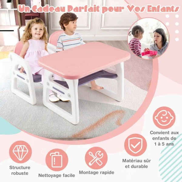 Ensemble Table et 2 Chaises pour Enfants 3 Pièces avec Etagère de Rangement Concave Agés de 1 à 5 Ans Bleu