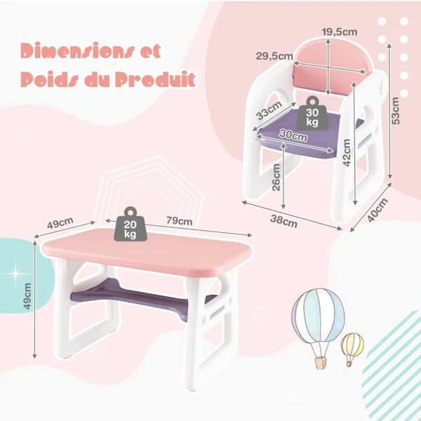 Ensemble Table et 2 Chaises pour Enfants 3 Pièces avec Etagère de Rangement Concave Agés de 1 à 5 Ans Bleu