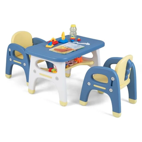 Ensemble Table et 2 Chaises pour Enfants 3 Pièces avec Etagère de Rangement Design Dinosaure 3 Ans+ Bleu et Jaune