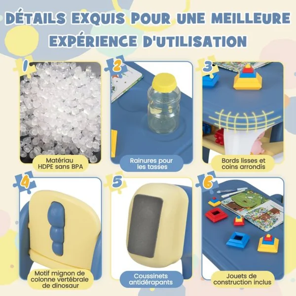 Ensemble Table et 2 Chaises pour Enfants 3 Pièces avec Etagère de Rangement Design Dinosaure 3 Ans+ Bleu et Jaune