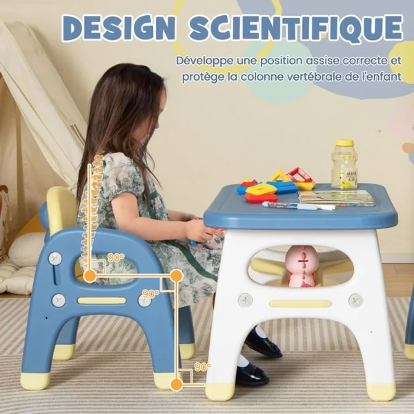 Ensemble Table et 2 Chaises pour Enfants 3 Pièces avec Etagère de Rangement Design Dinosaure 3 Ans+ Bleu et Jaune