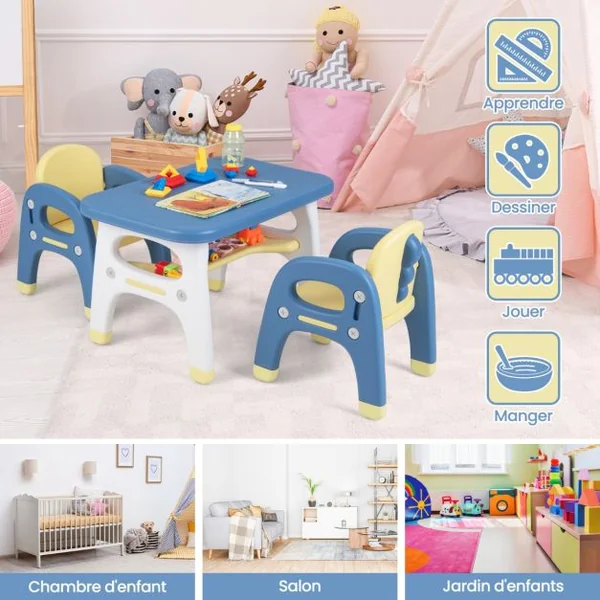 Ensemble Table et 2 Chaises pour Enfants 3 Pièces avec Etagère de Rangement Design Dinosaure 3 Ans+ Bleu et Jaune
