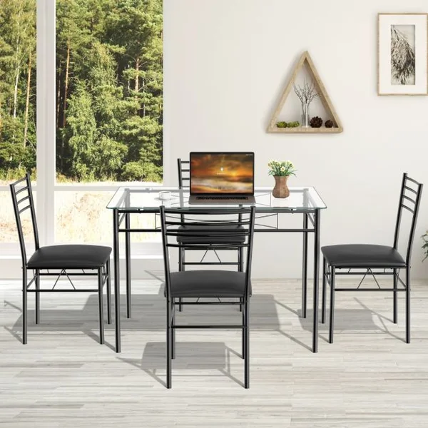 Ensemble Table et 4 Chaises pour Salle à Manger Sièges Rembourrées Cadre en Métal Noir