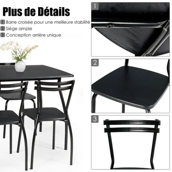 Ensemble Table et 4 Chaises Table à Manger avec 4 Chaises Cadre en Métal pour Salle à Manger Restaurant Salon Noir
