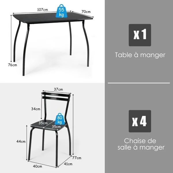 Ensemble Table et 4 Chaises Table à Manger avec 4 Chaises Cadre en Métal pour Salle à Manger Restaurant Salon Noir