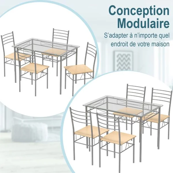 Ensemble Table et 4 Chaises Table à Manger avec 4 Chaises Cadre en Métal Table Cuisine en Verre pour Cuisine Restaurant Salon