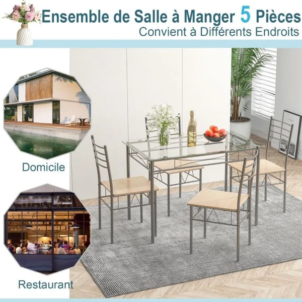 Ensemble Table et 4 Chaises Table à Manger avec 4 Chaises Cadre en Métal Table Cuisine en Verre pour Cuisine Restaurant Salon
