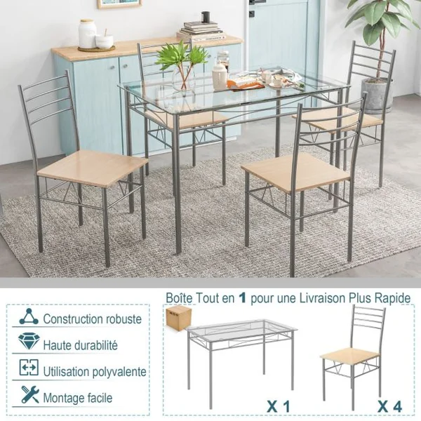Ensemble Table et 4 Chaises Table à Manger avec 4 Chaises Cadre en Métal Table Cuisine en Verre pour Cuisine Restaurant Salon
