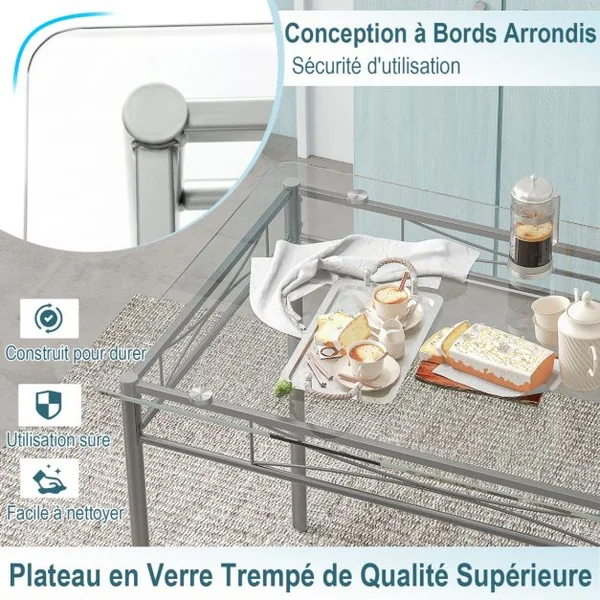 Ensemble Table et 4 Chaises Table à Manger avec 4 Chaises Cadre en Métal Table Cuisine en Verre pour Cuisine Restaurant Salon