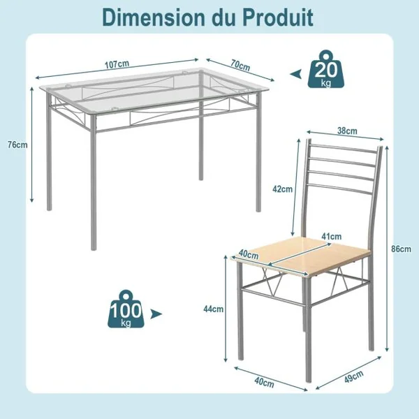 Ensemble Table et 4 Chaises Table à Manger avec 4 Chaises Cadre en Métal Table Cuisine en Verre pour Cuisine Restaurant Salon