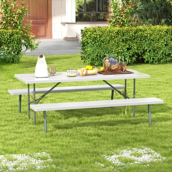 Ensemble Table et Bancs de Pique-Nique Pliable Ensemble de Jardin avec Cadre Métallique Plateau en HDPE Charge 250KG 183x163x74cm Gris/Noir