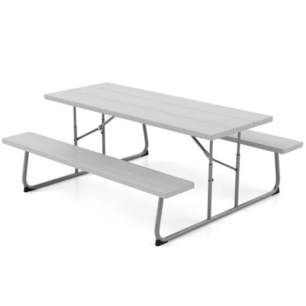 Ensemble Table et Bancs de Pique-Nique Pliable Ensemble de Jardin avec Cadre Métallique Plateau en HDPE Charge 250KG 183x163x74cm Gris/Noir