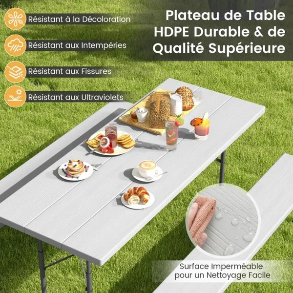Ensemble Table et Bancs de Pique-Nique Pliable Ensemble de Jardin avec Cadre Métallique Plateau en HDPE Charge 250KG 183x163x74cm Gris/Noir
