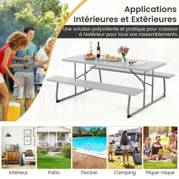 Ensemble Table et Bancs de Pique-Nique Pliable Ensemble de Jardin avec Cadre Métallique Plateau en HDPE Charge 250KG 183x163x74cm Gris/Noir