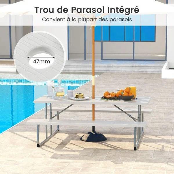 Ensemble Table et Bancs de Pique-Nique Pliable Ensemble de Jardin avec Cadre Métallique Plateau en HDPE Charge 250KG 183x163x74cm Gris/Noir