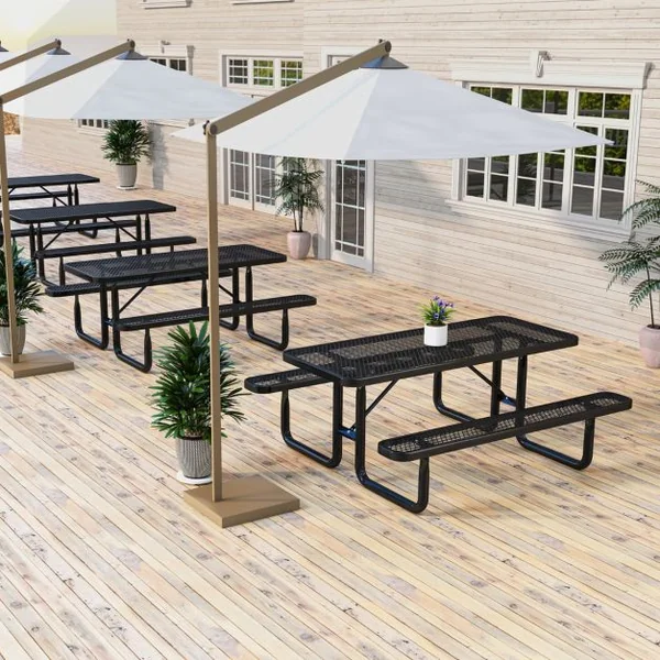 Ensemble Table et Bancs de Pique-Nique pour 8 Personnes Ensemble de Jardin en Maille Métallique Banc Charge 450KG 184x171x75cm Noir