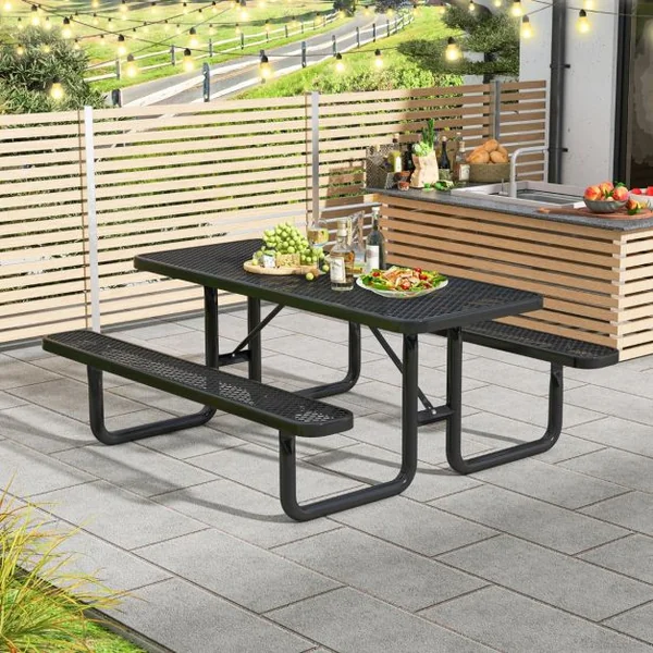 Ensemble Table et Bancs de Pique-Nique pour 8 Personnes Ensemble de Jardin en Maille Métallique Banc Charge 450KG 184x171x75cm Noir