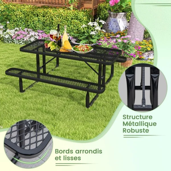 Ensemble Table et Bancs de Pique-Nique pour 8 Personnes Ensemble de Jardin en Maille Métallique Banc Charge 450KG 184x171x75cm Noir