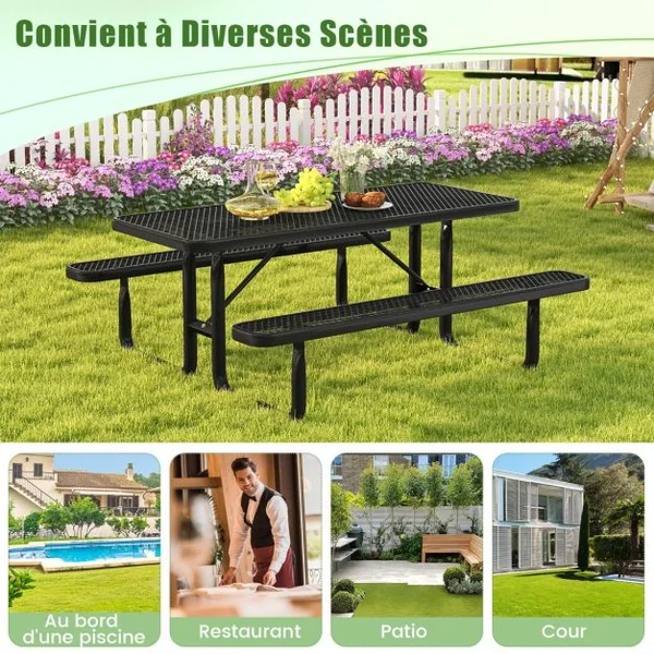 Ensemble Table et Bancs de Pique-Nique pour 8 Personnes Ensemble de Jardin en Maille Métallique Banc Charge 450KG 184x171x75cm Noir