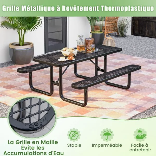 Ensemble Table et Bancs de Pique-Nique pour 8 Personnes Ensemble de Jardin en Maille Métallique Banc Charge 450KG 184x171x75cm Noir