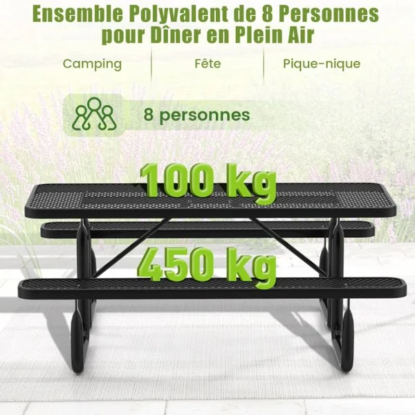 Ensemble Table et Bancs de Pique-Nique pour 8 Personnes Ensemble de Jardin en Maille Métallique Banc Charge 450KG 184x171x75cm Noir