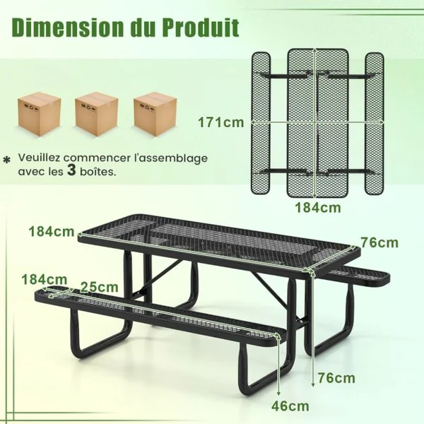 Ensemble Table et Bancs de Pique-Nique pour 8 Personnes Ensemble de Jardin en Maille Métallique Banc Charge 450KG 184x171x75cm Noir