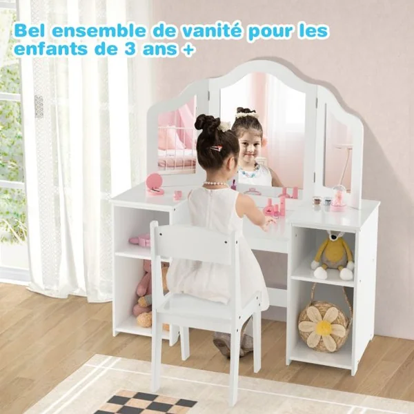 Ensemble Table et Chaise 2 en 1 pour Enfants Coiffeuse de Maquillage avec Miroir Amovible à Trois Volets Étagères Ouvertes Filles de 3+ Ans Rose/Blanc