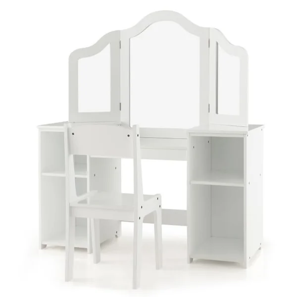Ensemble Table et Chaise 2 en 1 pour Enfants Coiffeuse de Maquillage avec Miroir Amovible à Trois Volets Étagères Ouvertes Filles de 3+ Ans Rose/Blanc