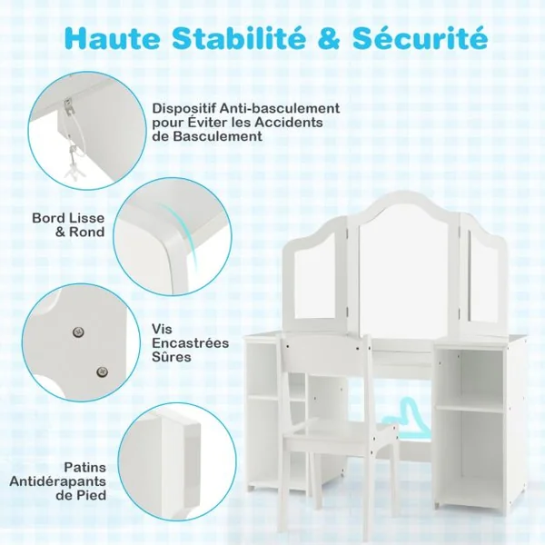 Ensemble Table et Chaise 2 en 1 pour Enfants Coiffeuse de Maquillage avec Miroir Amovible à Trois Volets Étagères Ouvertes Filles de 3+ Ans Rose/Blanc