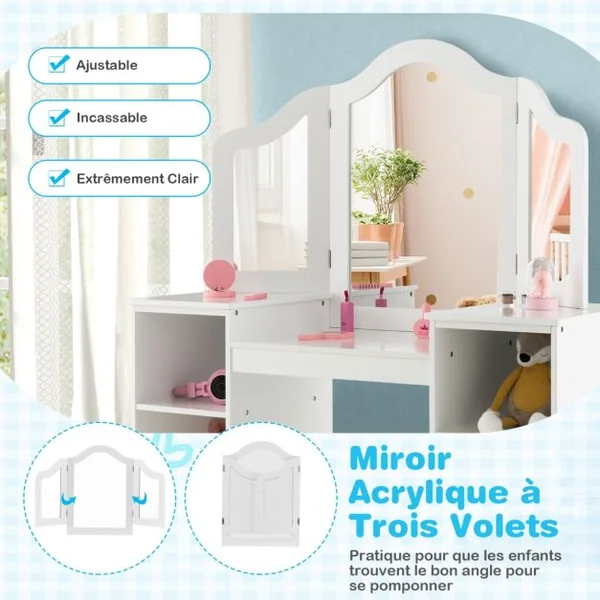 Ensemble Table et Chaise 2 en 1 pour Enfants Coiffeuse de Maquillage avec Miroir Amovible à Trois Volets Étagères Ouvertes Filles de 3+ Ans Rose/Blanc