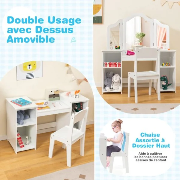 Ensemble Table et Chaise 2 en 1 pour Enfants Coiffeuse de Maquillage avec Miroir Amovible à Trois Volets Étagères Ouvertes Filles de 3+ Ans Rose/Blanc