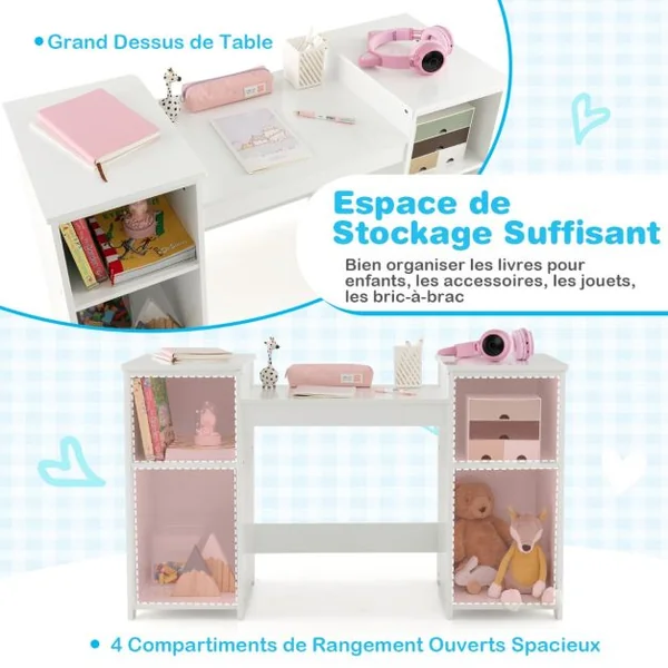 Ensemble Table et Chaise 2 en 1 pour Enfants Coiffeuse de Maquillage avec Miroir Amovible à Trois Volets Étagères Ouvertes Filles de 3+ Ans Rose/Blanc