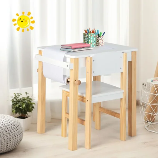 Ensemble Table et Chaise D'art pour Enfants Bureau à Dessin en Bois avec Chaise Tiroir Rouleau de Papier 2 Marqueurs Table D'activités Blanc+Naturel