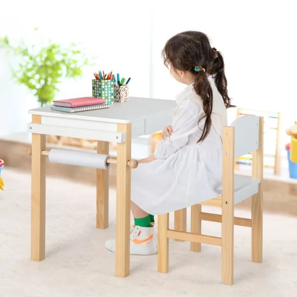 Ensemble Table et Chaise D'art pour Enfants Bureau à Dessin en Bois avec Chaise Tiroir Rouleau de Papier 2 Marqueurs Table D'activités Blanc+Naturel