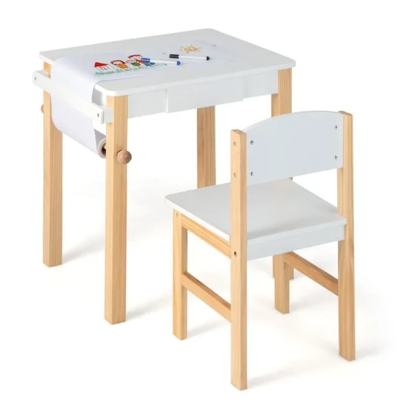 Ensemble Table et Chaise D'art pour Enfants Bureau à Dessin en Bois avec Chaise Tiroir Rouleau de Papier 2 Marqueurs Table D'activités Blanc+Naturel