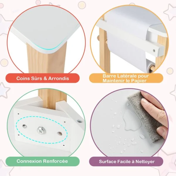 Ensemble Table et Chaise D'art pour Enfants Bureau à Dessin en Bois avec Chaise Tiroir Rouleau de Papier 2 Marqueurs Table D'activités Blanc+Naturel