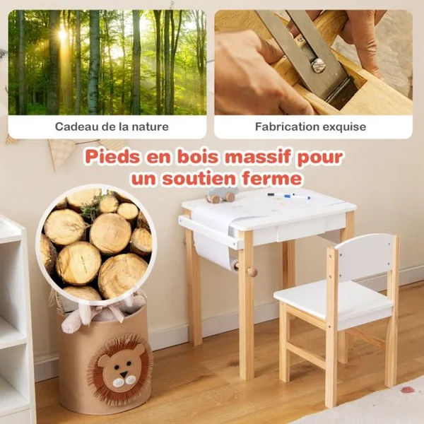 Ensemble Table et Chaise D'art pour Enfants Bureau à Dessin en Bois avec Chaise Tiroir Rouleau de Papier 2 Marqueurs Table D'activités Blanc+Naturel
