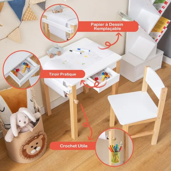 Ensemble Table et Chaise D'art pour Enfants Bureau à Dessin en Bois avec Chaise Tiroir Rouleau de Papier 2 Marqueurs Table D'activités Blanc+Naturel