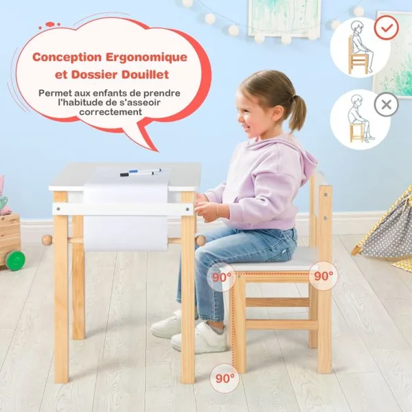 Ensemble Table et Chaise D'art pour Enfants Bureau à Dessin en Bois avec Chaise Tiroir Rouleau de Papier 2 Marqueurs Table D'activités Blanc+Naturel