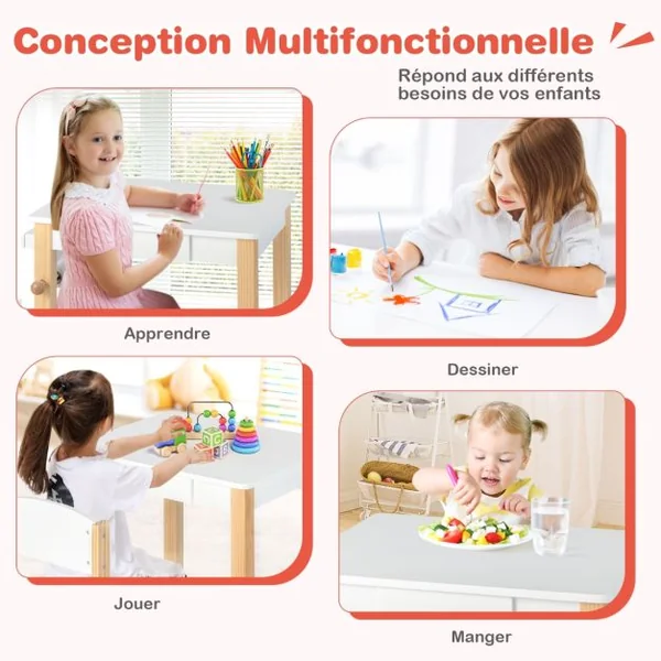 Ensemble Table et Chaise D'art pour Enfants Bureau à Dessin en Bois avec Chaise Tiroir Rouleau de Papier 2 Marqueurs Table D'activités Blanc+Naturel