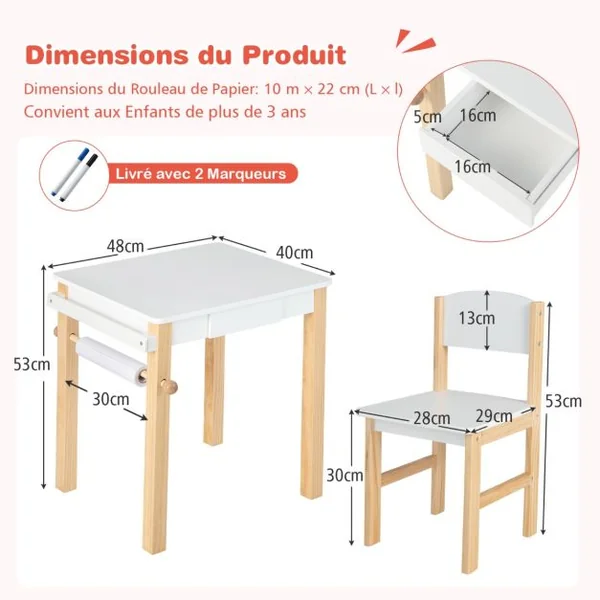 Ensemble Table et Chaise D'art pour Enfants Bureau à Dessin en Bois avec Chaise Tiroir Rouleau de Papier 2 Marqueurs Table D'activités Blanc+Naturel