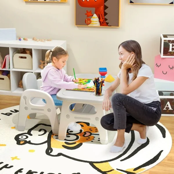 Ensemble Table et Chaise pour Enfants avec Décor Dinosaure Jeux de Construction Plateau de Rangement Plastique Gris+Blanc