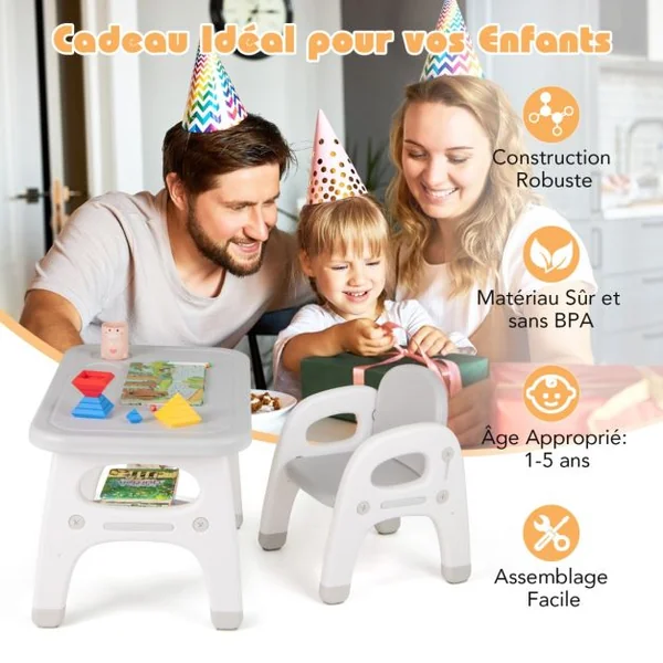 Ensemble Table et Chaise pour Enfants avec Décor Dinosaure Jeux de Construction Plateau de Rangement Plastique Gris+Blanc
