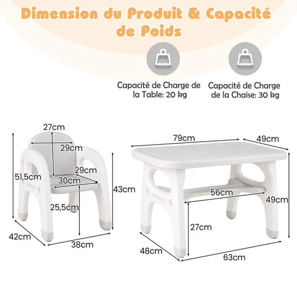 Ensemble Table et Chaise pour Enfants avec Décor Dinosaure Jeux de Construction Plateau de Rangement Plastique Gris+Blanc