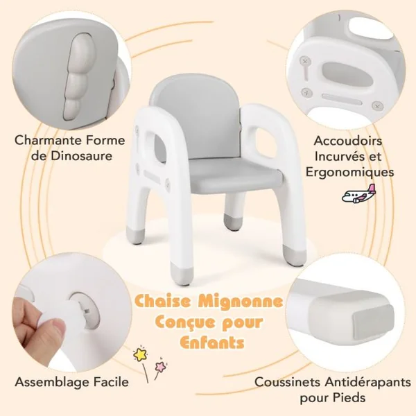 Ensemble Table et Chaise pour Enfants avec Décor Dinosaure Jeux de Construction Plateau de Rangement Plastique Gris+Blanc