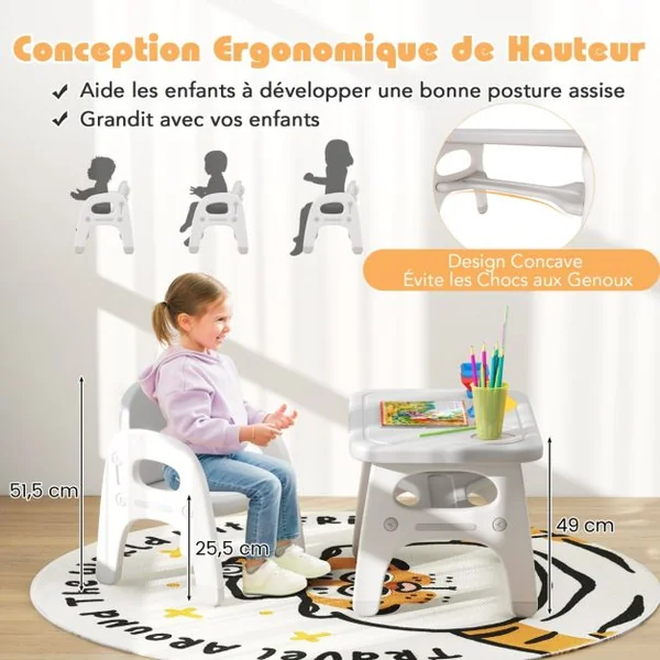 Ensemble Table et Chaise pour Enfants avec Décor Dinosaure Jeux de Construction Plateau de Rangement Plastique Gris+Blanc