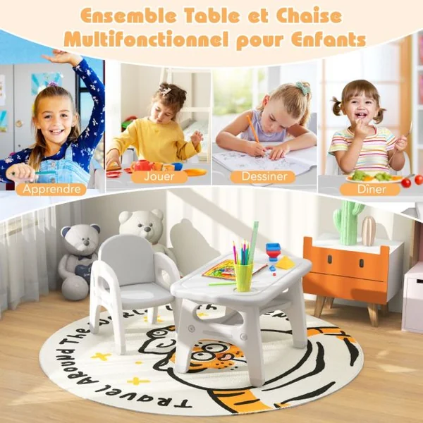 Ensemble Table et Chaise pour Enfants avec Décor Dinosaure Jeux de Construction Plateau de Rangement Plastique Gris+Blanc
