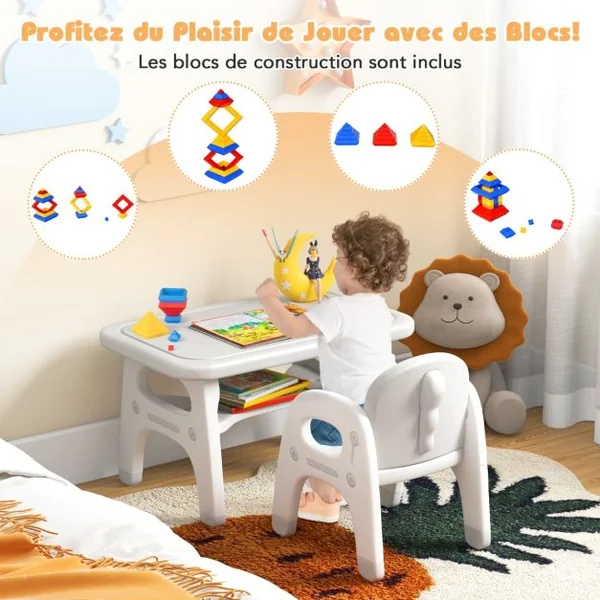 Ensemble Table et Chaise pour Enfants avec Décor Dinosaure Jeux de Construction Plateau de Rangement Plastique Gris+Blanc