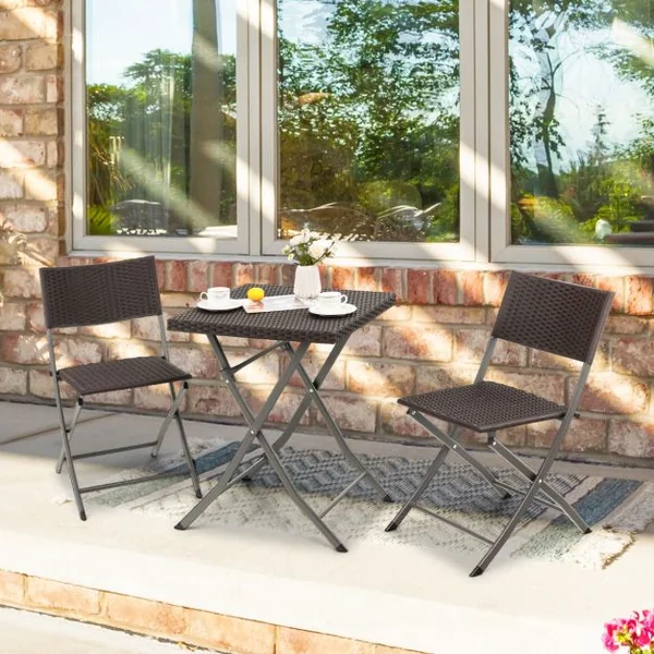 Ensemble Table et Chaises de Jardin 3 Pièces en Polyrotin Table Carrée Pliable pour Bistro Cour Blacon Piscine Marron