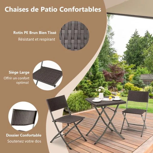 Ensemble Table et Chaises de Jardin 3 Pièces en Polyrotin Table Carrée Pliable pour Bistro Cour Blacon Piscine Marron